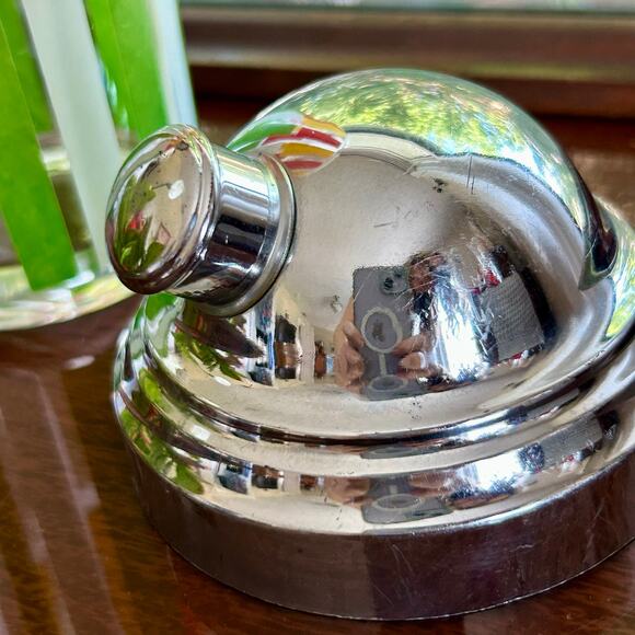 Mid-CenturyOrange and Green Striped Glass Cocktail Shaker w/ Chrome Top, 10” - Picture 3 of 16